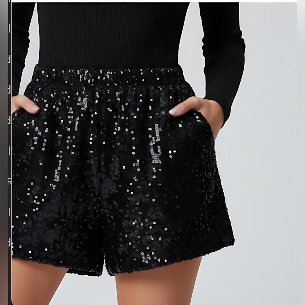 Black Sequin High Waist Shorts - Picture 2 of 7